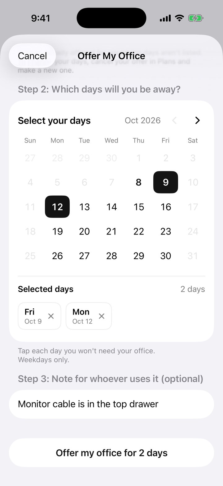 Offer My Office form, filled in